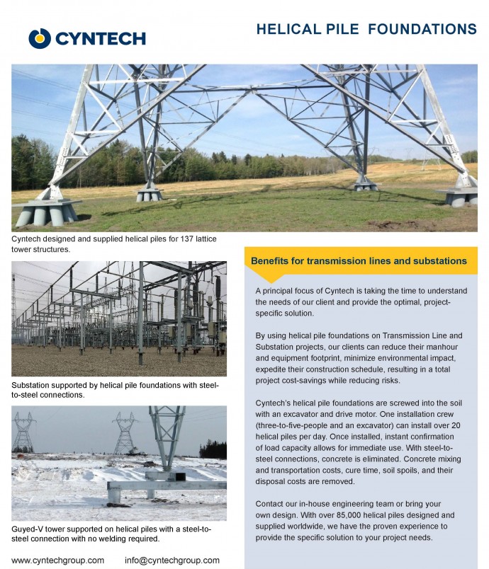 Helical pile foundations for transmission lines and substations